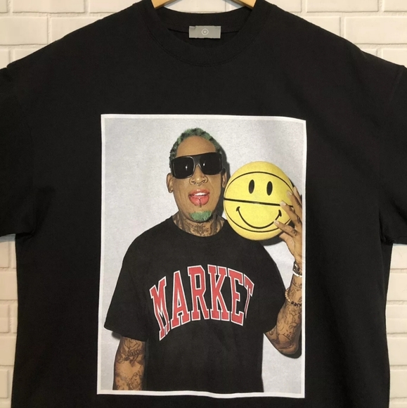 New Dennis Rodman Market Tattoos Double Sided Basketball Smiley Black Shirt 2XL - Picture 3 of 12